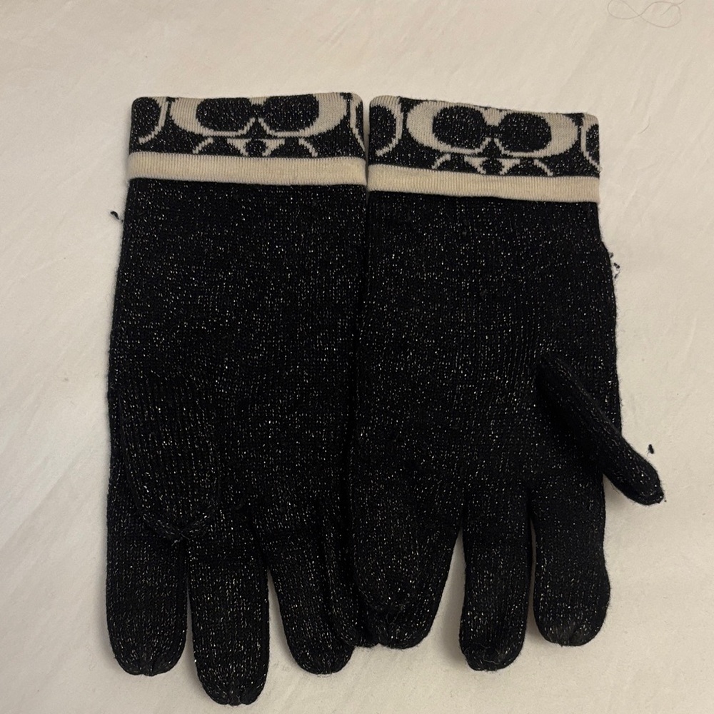 Coach Black Gloves with Patterned Trim